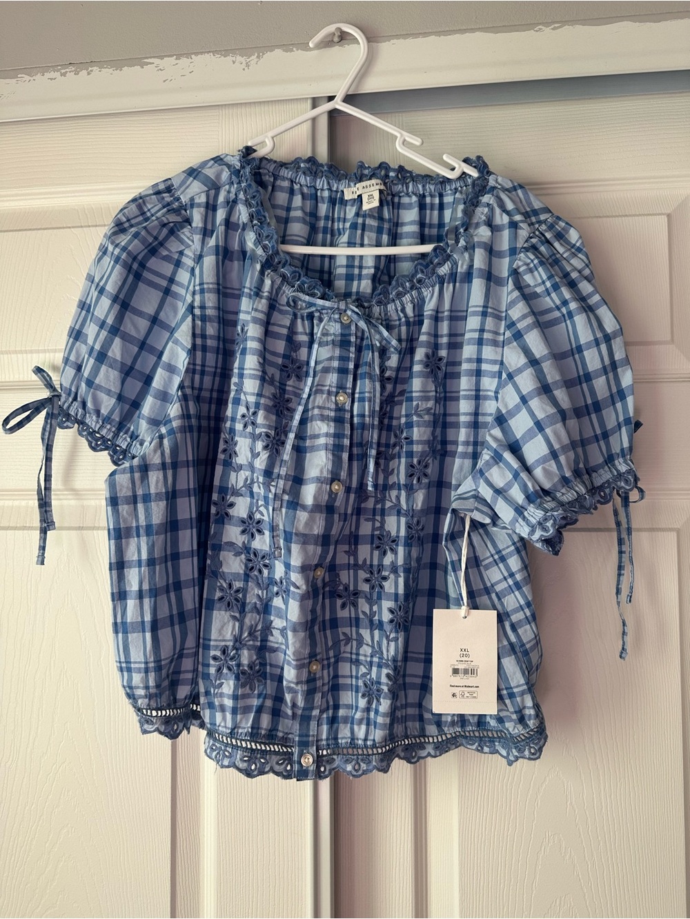 Light Blue Plaid Embroidered Peasant Top - Women's